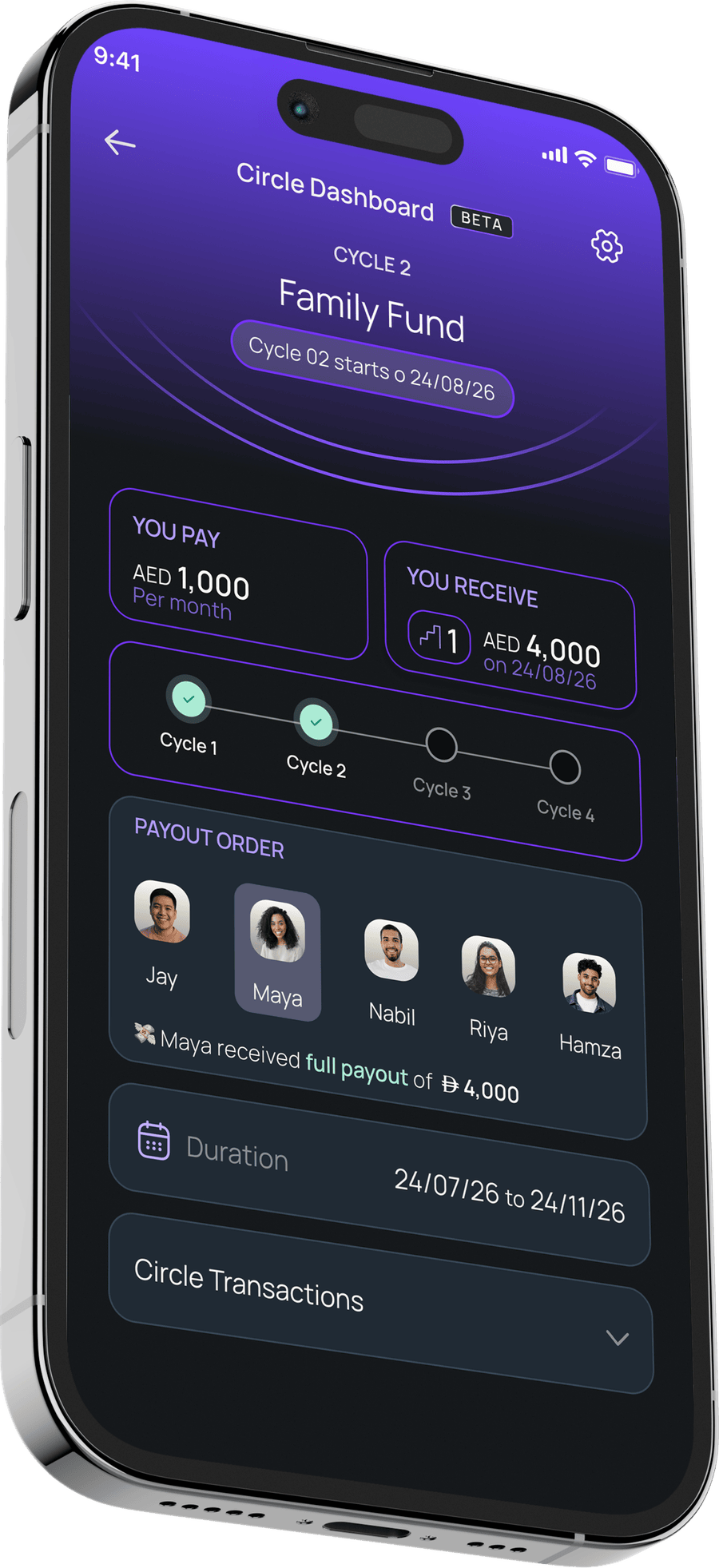 The Maly Circle dashboard screen showing cycles and payout order