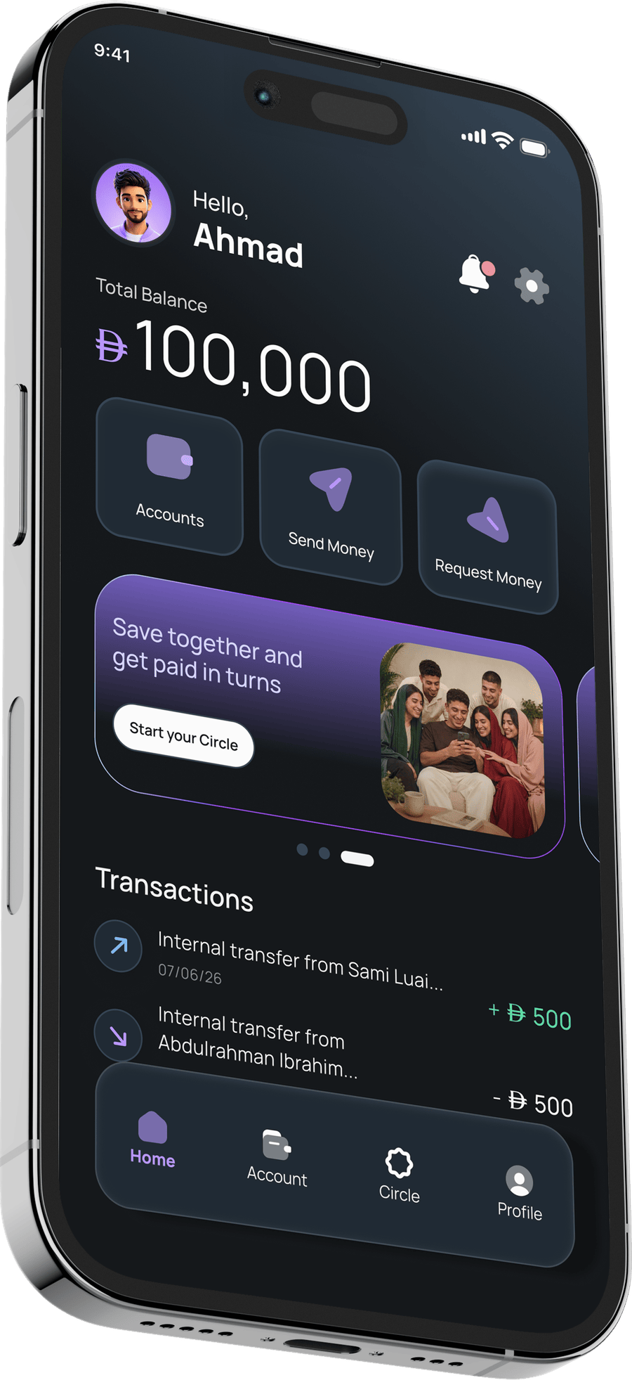 The Maly app account home screen showing balance and quick actions