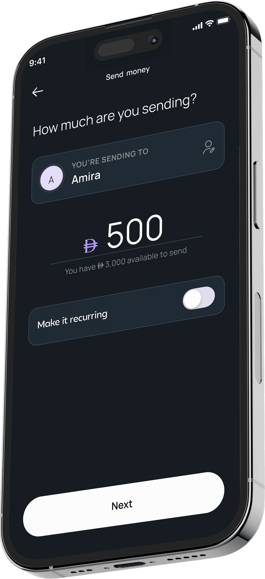 The Maly app send-money screen