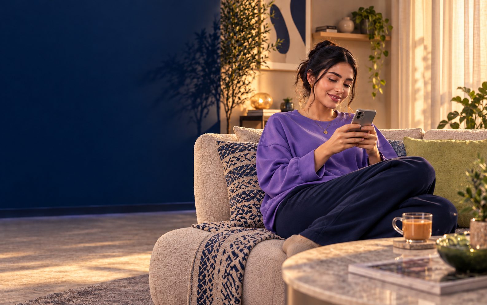 A woman at home in the UAE using the Maly app on her phone