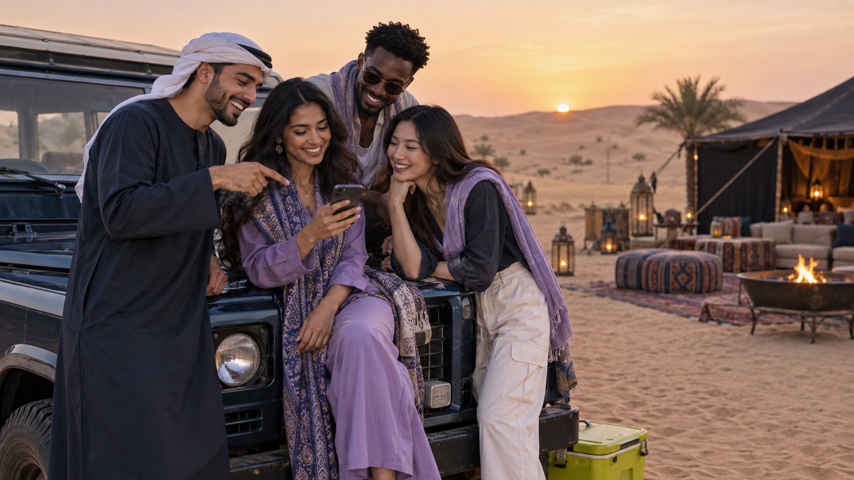 Friends together on a desert trip in the UAE