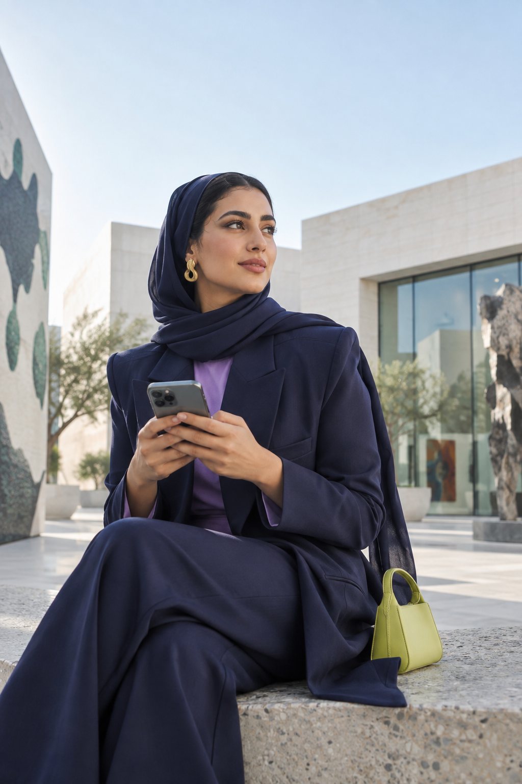 A woman in Abu Dhabi using Maly on her phone