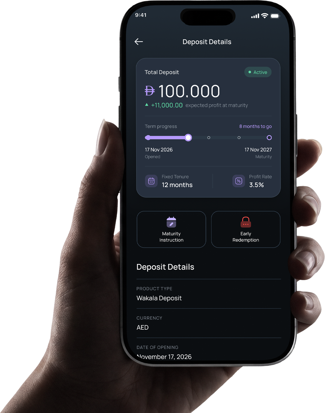The Maly app deposit details screen showing fixed tenure, maturity date and expected profit