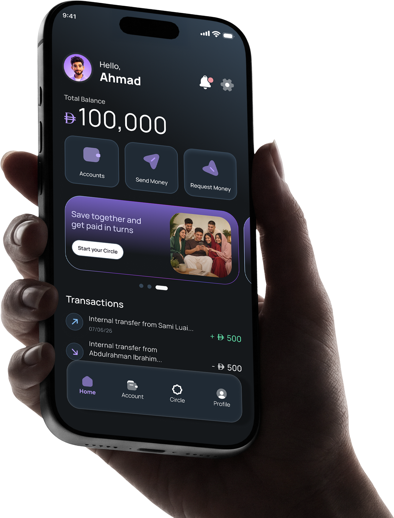 A hand holding the Maly app, showing the account home screen